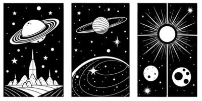 Black and white space themed banners with planets and stars vector