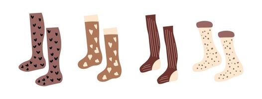 Brown color isolated sock pair template with winter pattern collection. Cute long hosiery icon for national day in december. Warm autumn cloth in beige and dot. Different wool tie on cozy fall season. vector