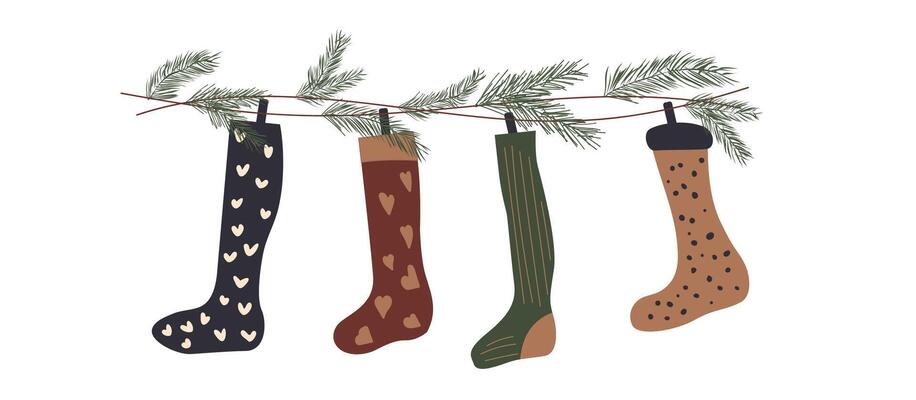 Santa sock for Christmas stocking hanging on stripe. Retro xmas decoration with rope and long apparel with holiday ornament for children. Winter tradition with festive advent present garland drawing.