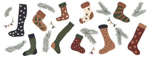Christmas sock for gift stocking in winter. Xmas tree branch and tradition stripe apparel isolated illustration. Festive elements for advent drawing or fireplace party decoration with kid socks. vector