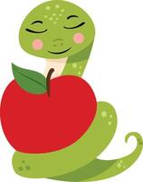 Cute green snake with red apple vector