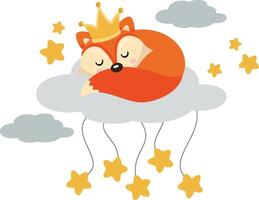 Cute fox with crown sleeping on cloud with stars vector
