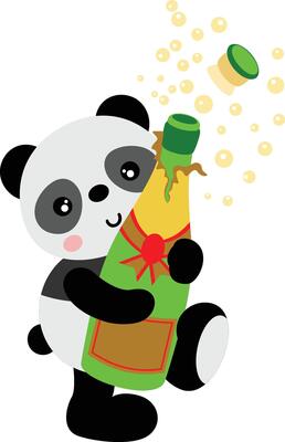 Panda celebrating holding bottle of sparkling wine