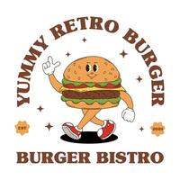 Retro logo mascot with burger. Groovy food mascot for bistro, pub, cafe menu and more. vector