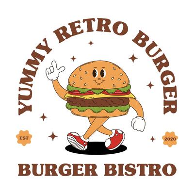 Retro logo mascot with burger. Groovy food mascot for bistro, pub, cafe menu and more.