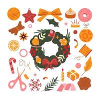 Making a Christmas wreath. Set of hand-drawn elements to create a Christmas wreath. handmade Christmas wreath vector