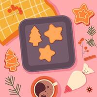 concept of making homemade biscuits. set of ingredients for making Christmas ginger biscuits vector
