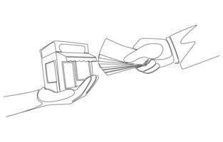 Continuous one line drawing of businessman giving money to franchise owner to receive franchise store, franchising concept, single line art. vector