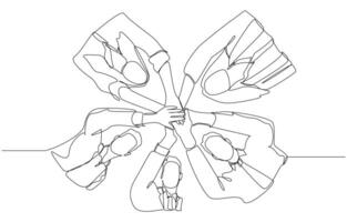 Continuous one line drawing of hands of group of female and male employees unite hands together, collaboration and teamwork concept, single line art. vector