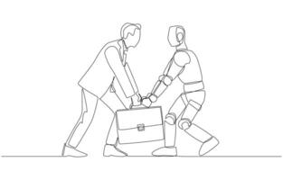 Continuous one line drawing of businessman and robot fighting over for briefcase, conflict between human and artificial intelligence in job vacancy concept, single line art. vector