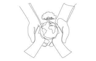 Continuous one line drawing of parent and child hands holding a globe with bountiful tree, caring for earth and environment concept, single line art. vector