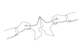 Continuous one line drawing of hands of two businessmen connecting star jigsaw puzzle symbol, collaboration for quality work concept, single line art. vector