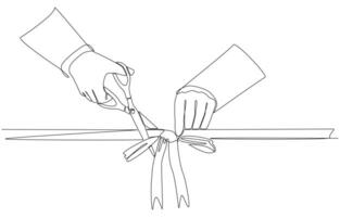 Continuous one line drawing of businessman cutting ribbon for grand opening, ribbon cutting ceremony for opening event or company concept, single line art. vector