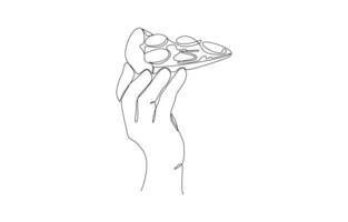 Continuous one line drawing of hand holding piece slice, fast food concept, single line art. vector