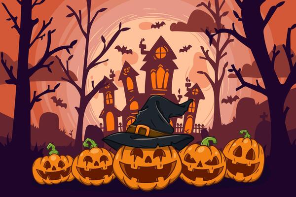 Halloween background with pumpkins and witch house