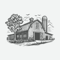 Hand Drawn Vintage Farm Scene with Tree - Classic Sketch Style vector