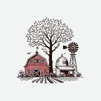 Timeless Farm with Tree - Vintage Hand Drawn Countryside Sketch vector