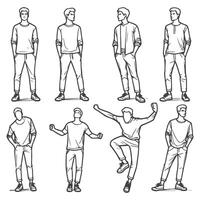Man in Various Standing and Action Poses Line Drawing vector