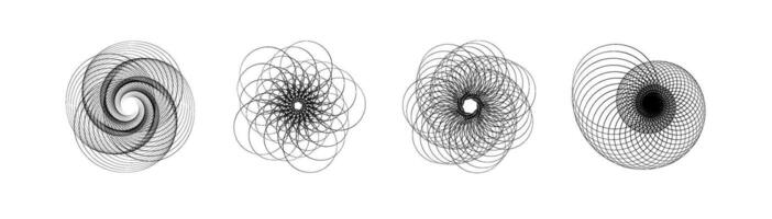 Spirograph patterns collection. Abstract geometric abstract forms isolated. Round and spiral twisted lines. Circular ornament of spirograph for watermarks. vector