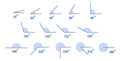 Different Angles degrees template set. Measure and geometric math symbol collection set. Educational school learning vector