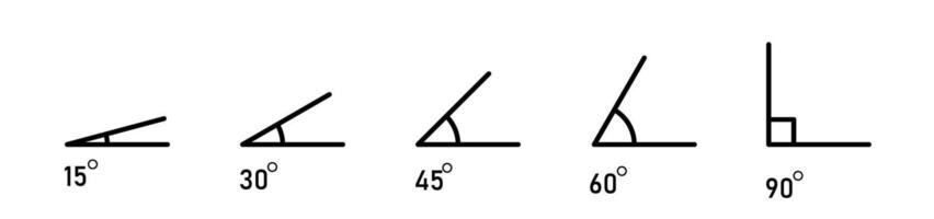 Various angles 15, 30, 45, 60, 75, 90 degree icon set. Geometric symbol. Mathematical elements. vector