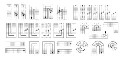 Drawing stairs of plan. Detailed architectural drawing collection stairs in different forms. Top view. Isolated set vector