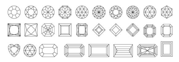 Diamond shape outline set. Gem collection thin line. Jewel symbol in linear style. Crystal, gemstone black contour icons design isolated vector