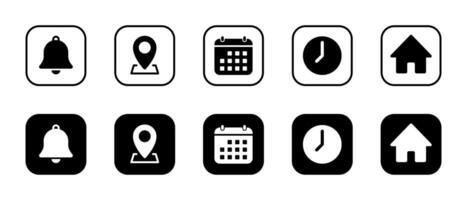 Notification, location, date, time, and home icon on black square. Bell, address, calendar, clock, and house sign symbol vector