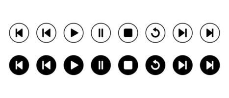 Previous, play, pause, stop, repeat, and next track icon on black circle. Media player control illustration vector