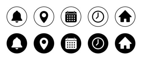 Notification, location, date, time, and home icon illustration on black circle. Bell, map pin, calendar, clock, and house sign symbol vector