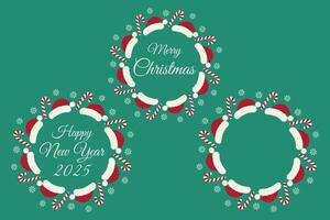 Merry Christmas, Happy New Year Round Frames with inscriptions, candy cane and snowflakes and Template with copy space. Set of 3 Isolated illustration Cards, poster, leaflet, label or web promo vector