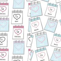 February, March and April 14 Calendar pages Seamless pattern with date and heart shape stroke Set of 2 Backgrounds. Isolated Wallpaper, wrapping or web, posters, banners, promo, label or tag vector