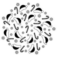 Santa hats, striped Candy Canes and different size snowflakes Black and white Circle background idea. Isolated illustration Cards, poster, leaflets, banner, brochures, greetings, label or web vector