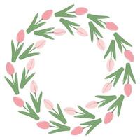 Tulips Circle border in trendy soft pink and green Round Frame with copy space. Spring template. Isolated illustration Thematic cards, posters, leaflets, banner, price tags, label or web promo vector