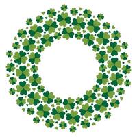 Clover quatrefoil and hearts different sizes Round Frame border in trendy green. St Patrick greeting. Isolated illustration Lettering, cards, posters, banner, price tag, label or web template vector