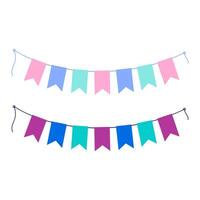 Pennants on a rope in trendy soft pink, mint, blue and bright fuchsia, blue and turquoise. Set of 2 Greetings design elements. Isolated illustration Cards, poster, leaflet, banner, price or web vector