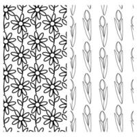 Outline hand drawn abstract flowers and tulips Seamless pattern. Spring background texture Set of 2. Isolated illustration Wallpaper, wrapping or web, cards, poster, banner, price tag, label vector