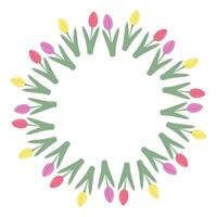 Colorful tulips Circle frame border in trendy soft colors. 8 March greeting card or leaflet Template. Copyspace. Isolated illustration Thematic cards, posters, banner, label, media or web promo vector