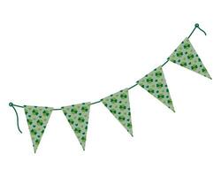 Triangular Pennants with quatrefoil clover pattern on a rope in trendy monochrome green. St Patrick design element. Isolated illustration Cards, poster, leaflet, banner, tag, label or web promo vector