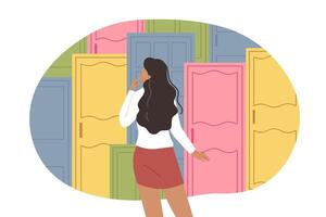 Difficult life choice faces woman standing near multi-colored doors in search of right path vector