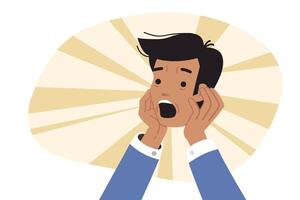 Head of shocked man in hands of business person, for concept of fear of uncertain future vector