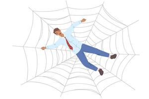 Trap for business man in form of cobweb symbolizes network of fraudsters want to steal money vector