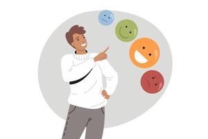 Man cares about emotional balance, pointing fingers at emoticons with different moods vector