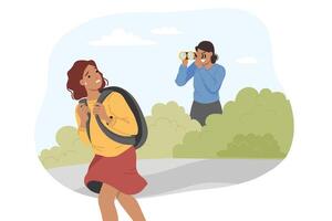 Problem of overprotection causes depression in girl with backpack, seeing mother with binoculars vector