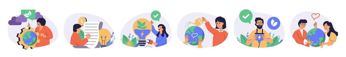 Green sustainable environment concept set with characters in flat design for web. People lead eco friendly lifestyle, take care about nature, using clean alternative resource. illustrations. vector