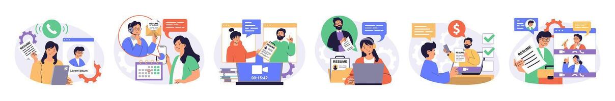 Online job interview concept set with characters in flat design for web. People searching new employee, interviewing candidates by call, selecting resumes and hiring. illustrations. vector