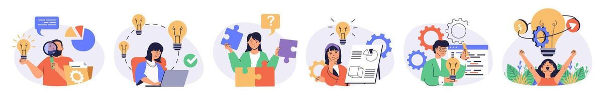Creative business concept set with characters in flat design for web. People thinking and finding best solutions, brainstorming with inspiration, develop company with innovation. illustrations. vector