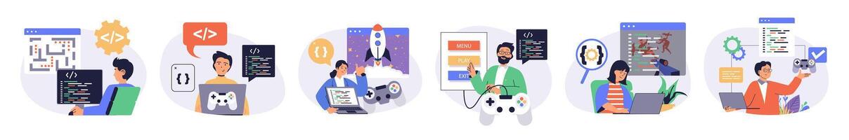 game developer concept set with characters in flat design for web. People write code for different computer games, programming at screens, testing interface with joystick. illustrations. vector