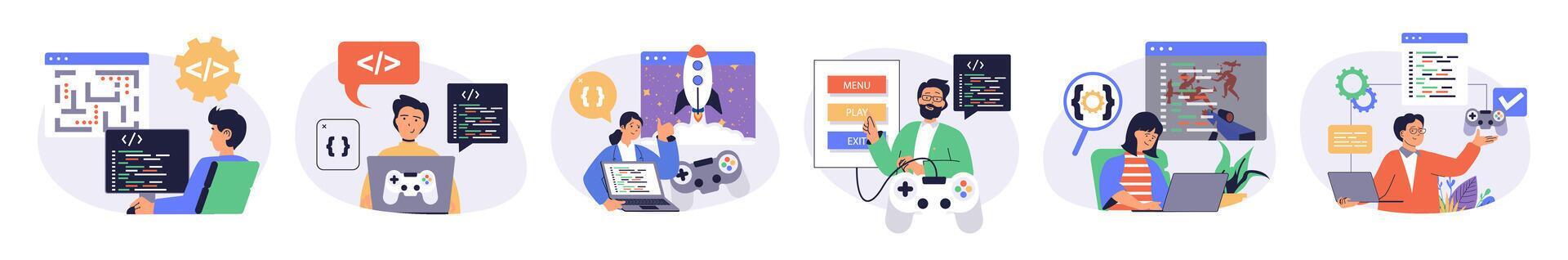 game developer concept set with characters in flat design for web. People write code for different computer games, programming at screens, testing interface with joystick. illustrations.