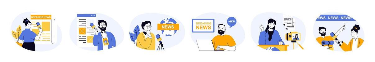 Journalism concept set with characters in flat design for web. People make articles publications, recording breaking news program in tv studio, talking at press conference. illustrations. vector